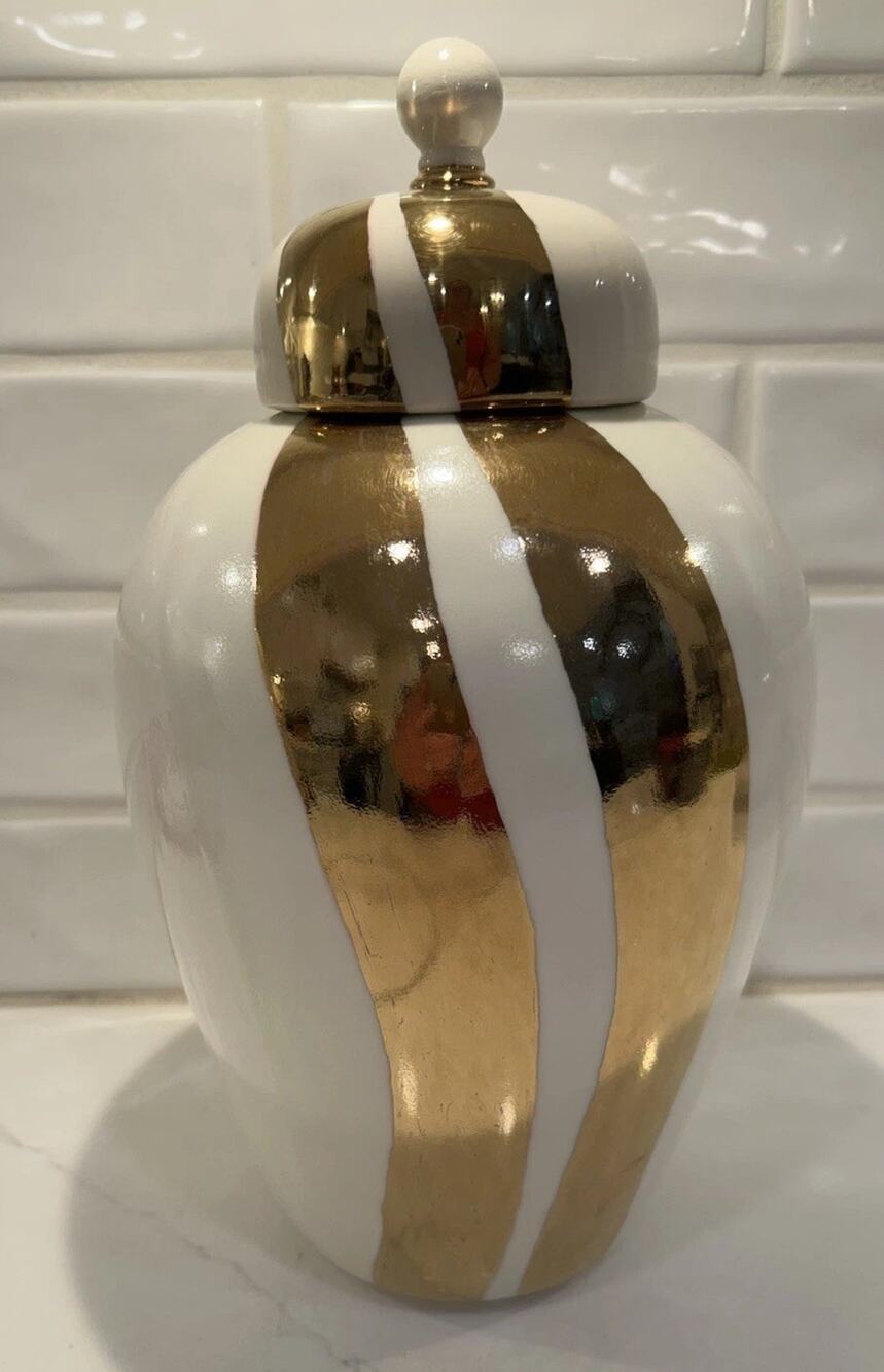 Vtg Art Deco Ceramic 12” Ginger Jar Vase with Lid White With Gold Ribbon Front